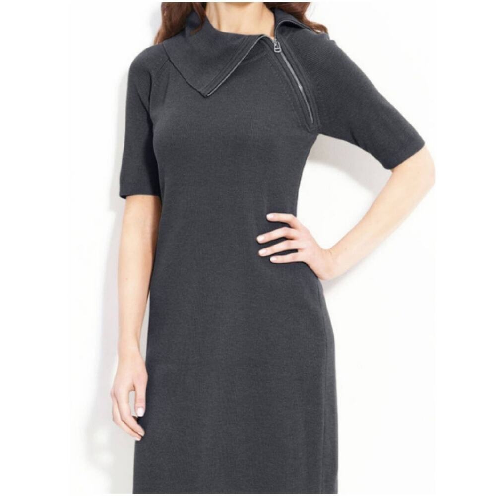 Calvin Klein Cowl Zip Neck Grey Short Sleeve Knit Sweater Dress Size Medium